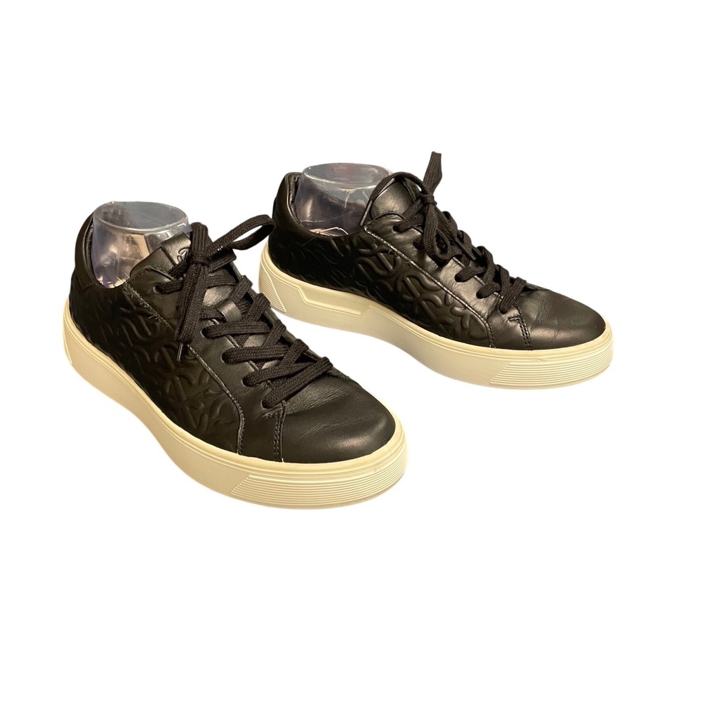 ECCO Soft 7 Platform Black Leather Embossed Monogram Sneakers Womens 39 US 8-8.5